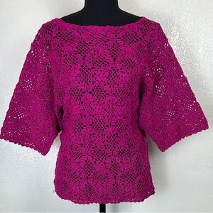 Vintage R&K Original Cotton Boat Neck  Crochet‎ Open Knit Magenta Blouse